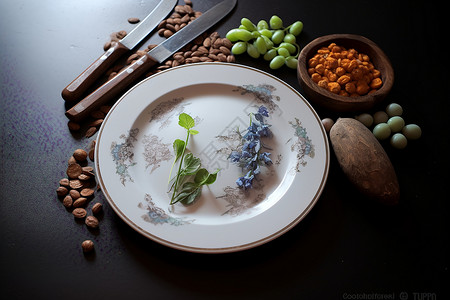 盘中天然的豌豆花背景图片
