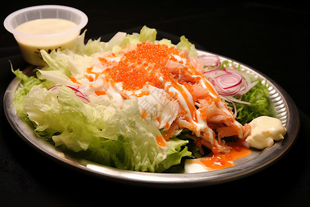 蟹籽寿司美味的海鲜沙拉背景