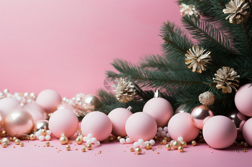 粉色圣诞树和金色饰品粉色背景下的松果图片