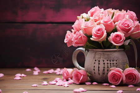 陶罐里的玫瑰花束背景图片