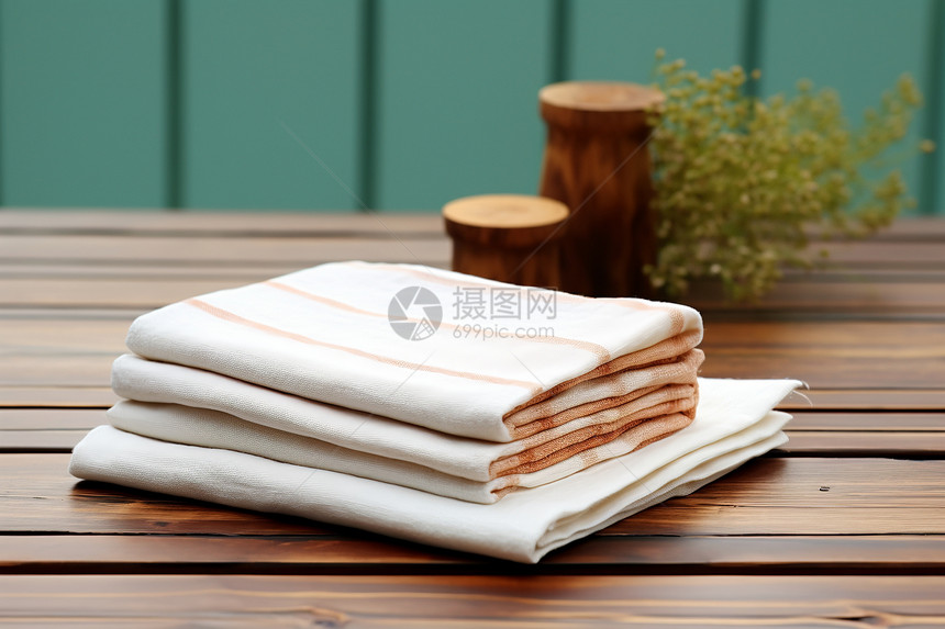 木桌上摆放着折叠的棉毛巾图片