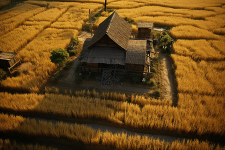 金黄稻田间的农舍背景