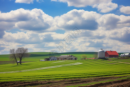 蓝天下开阔的农场景观图片