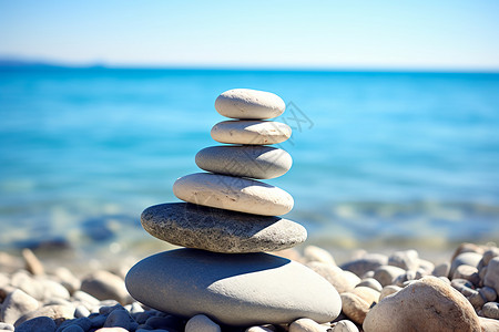 海岸上的平衡堆放鹅卵石背景图片