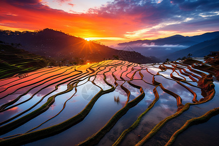 夕阳下壮观的梯田景观背景图片