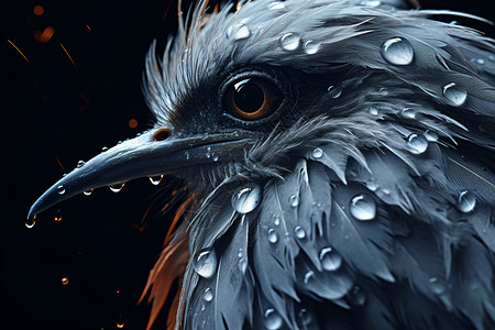 黑色羽毛雨滴雨中的蓝色小鸟特写镜头设计图片