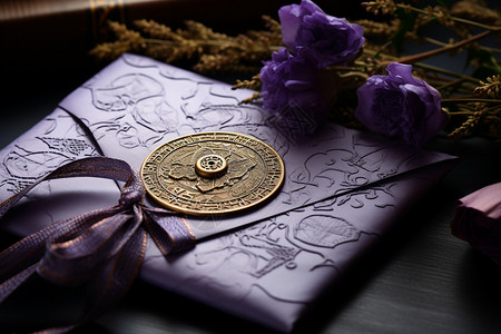 紫色立体花朵桌面上精致的信件蜡封背景