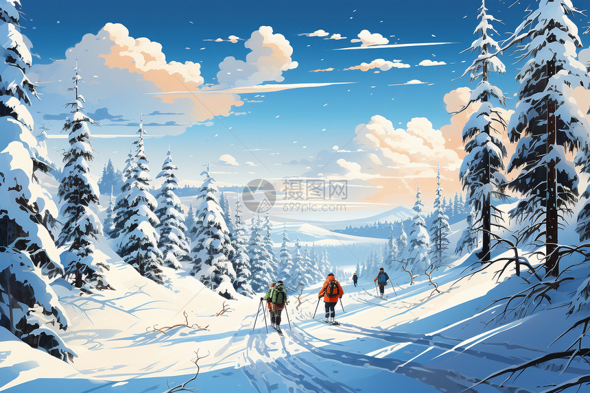 雪山中的滑雪爱好者艺术插图图片