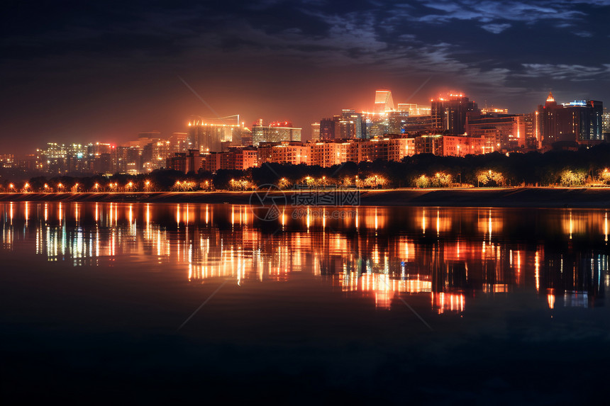 夜晚灯火通明的城市建筑景观图片