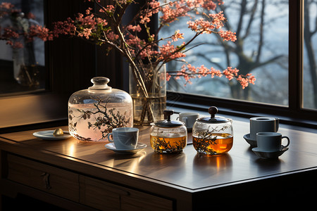 插花茶艺阳光下典雅的中式茶艺背景
