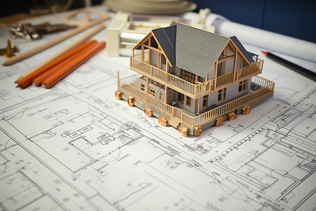 建筑尺建筑图纸上的房屋模型背景
