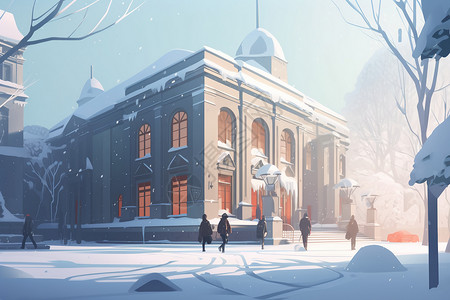 冬日白雪中的博物馆入口背景图片