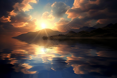 壮观的湖面落日景观图片