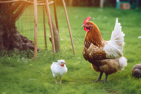 禽类养殖小鸡和鸡妈妈在草地上背景