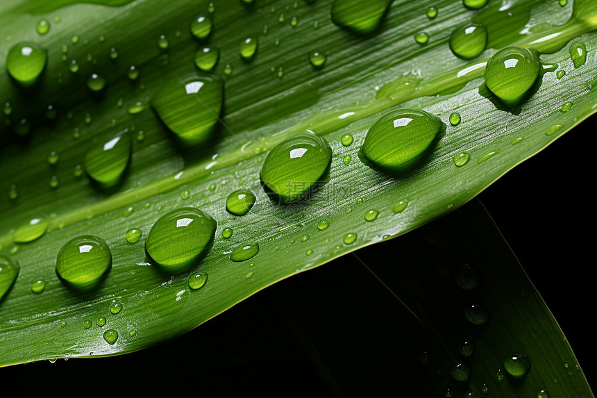 清新夏季水滴点缀的绿叶图片