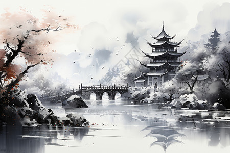 中国园林风景画背景图片