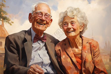 恩爱老年夫妇共度晚年的老老年夫妇插画
