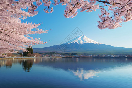 樱花倒映下的富士山景观图片