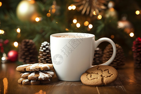 木桌上的咖啡和饼干背景图片