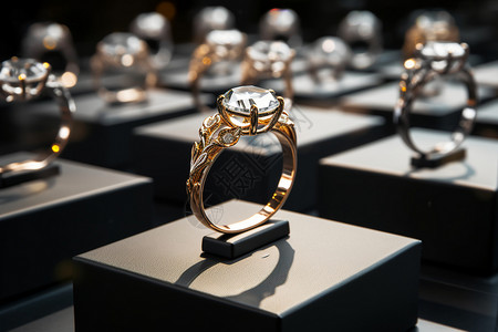 橱窗中璀璨的钻石戒指背景图片