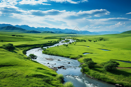 蜿蜒的河流围绕草地自然高清图片素材