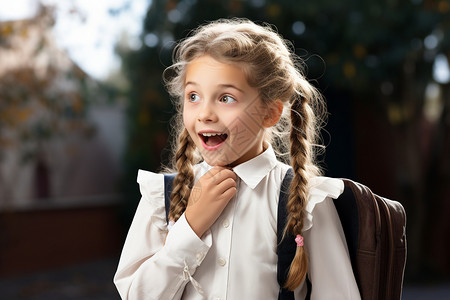 背书包上学的可爱小女孩背景图片