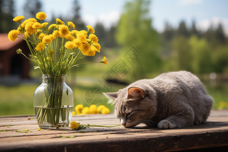 阳光下的鲜花和猫咪高清图片