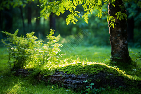 苔藓微景观阳光下的长满苔藓的岩石背景