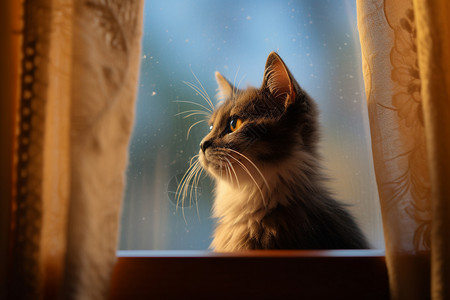 窗前观雪的猫咪背景图片