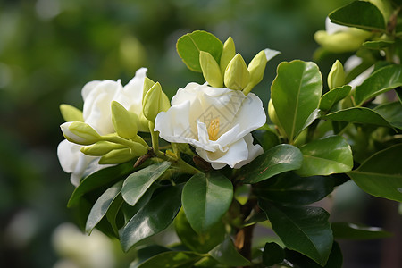 栀子花纷飞阳光绿叶上的一朵白花背景