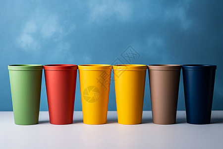 彩色杯子排列在桌背景图片