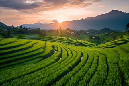 夕阳西下山前田园高清图片