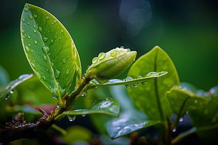 清晨雨中的翠叶高清图片