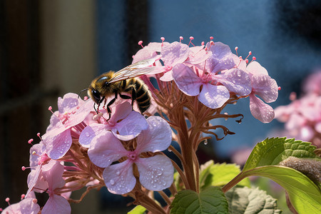 工笔花卉动物粉紫绣球上的蜜蜂背景