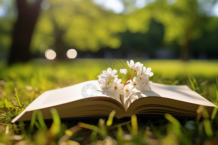 鲜花书本公园草地上的鲜花和书本背景
