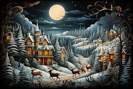 圣诞夜的魔幻森林背景图片