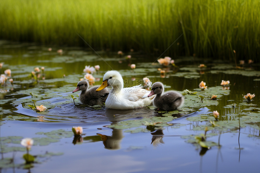 一群鸭子在池塘中图片