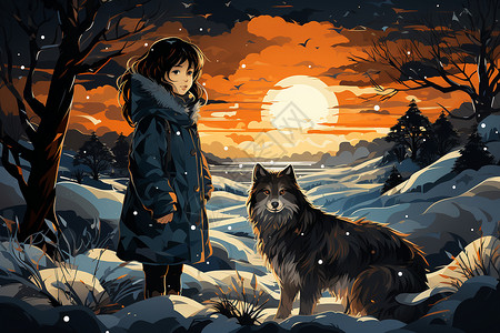 女孩和狗在雪地图片