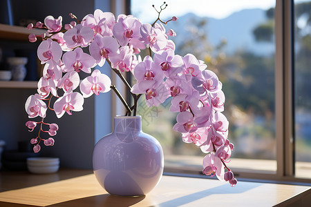 优雅兰花花瓶前粉色花朵背景