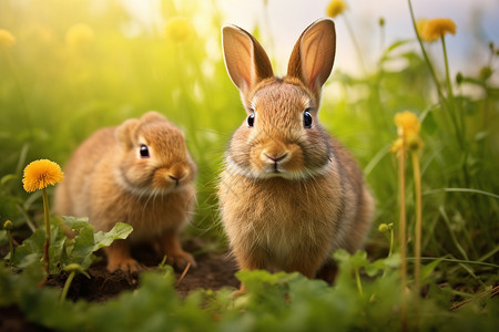 两只兔子在草地上图片