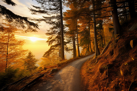写实风松树山间小径上的美丽日落背景