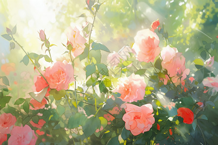 特写玫瑰花园中的梦幻玫瑰插画