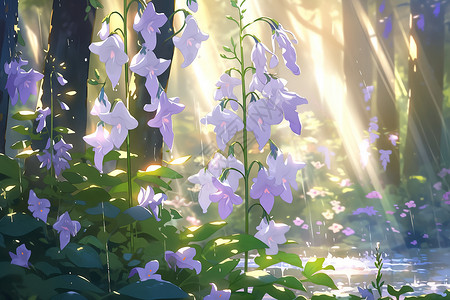 森林树晨雾森林中的美丽花朵插画