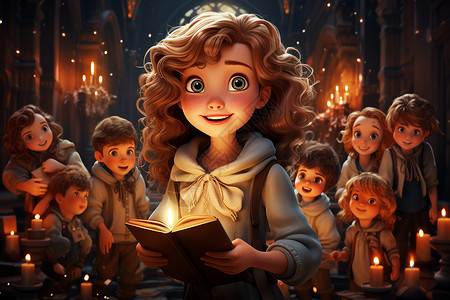 夜晚烛光下朗读诗歌的小女孩背景图片