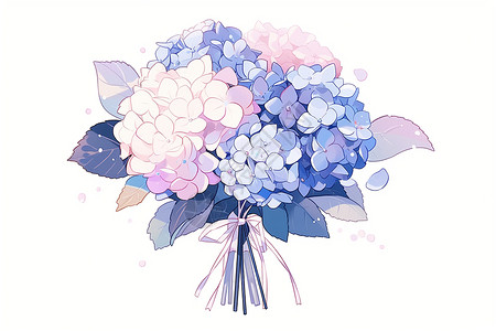 手绘蓝色绣球花柔美的绣球花束插画