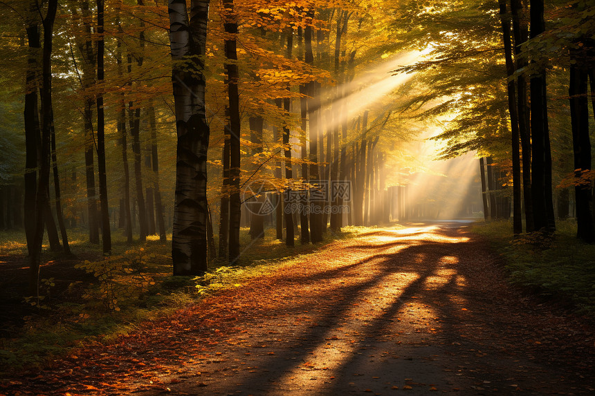 秋日阳光照耀下的金黄林径图片