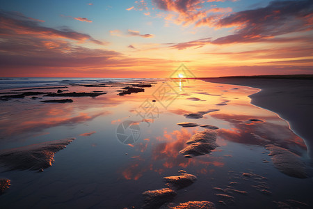 夕阳映照下的海滩美景图片