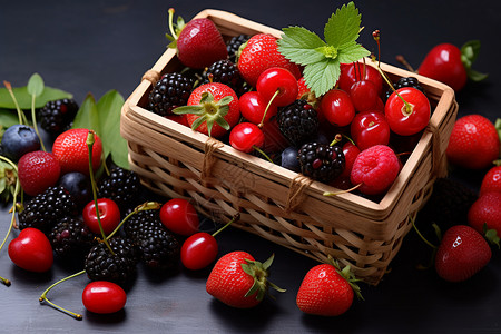 水果草莓车厘子一篮子新鲜的水果背景