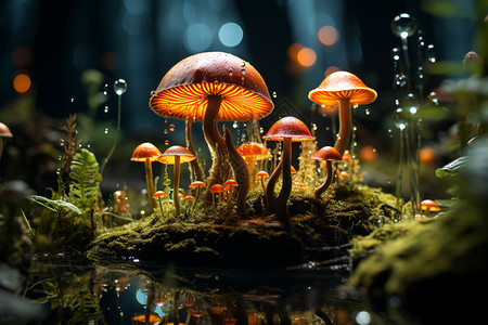 雨后地面梦幻的林中蘑菇插图设计图片