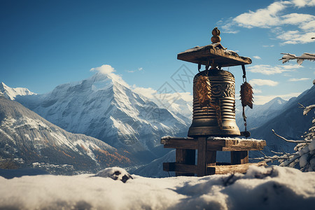 寒冬雪山中的祈福佛经转经筒背景